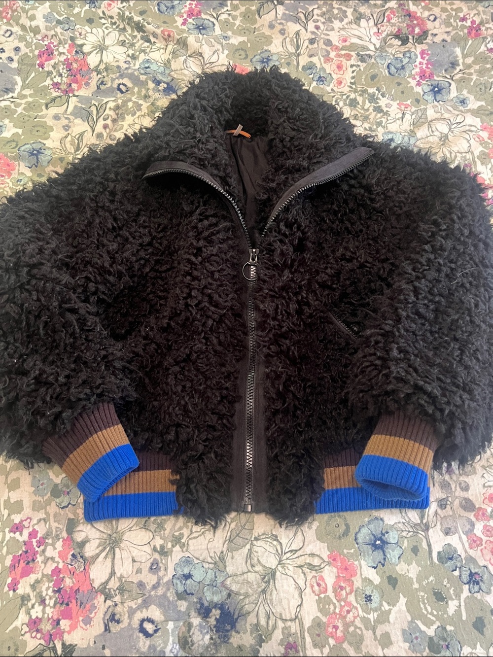 Free People Womans Black Sherpa Jacket with Rib Trim